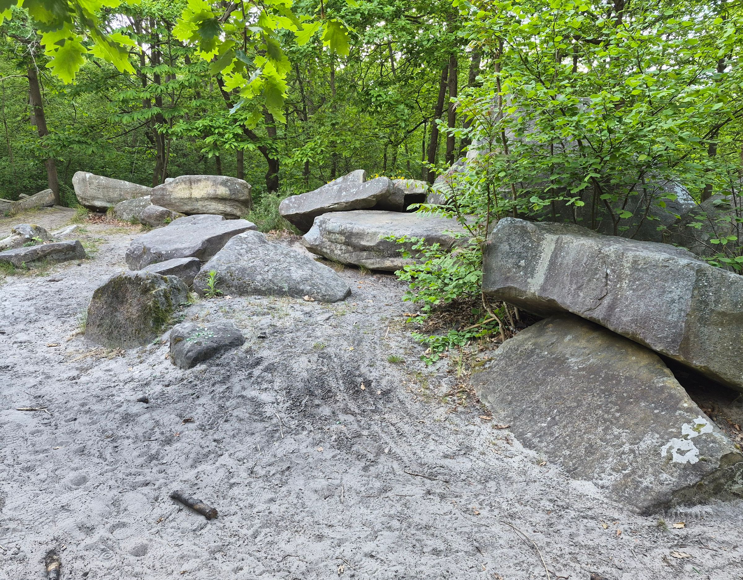 Gros rochers gris dans une forêt avec un sentier sablonneux. Mériel - Val-d'Oise. France